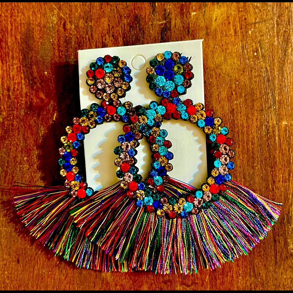 Beautiful gem and fringe multi colored earrings.